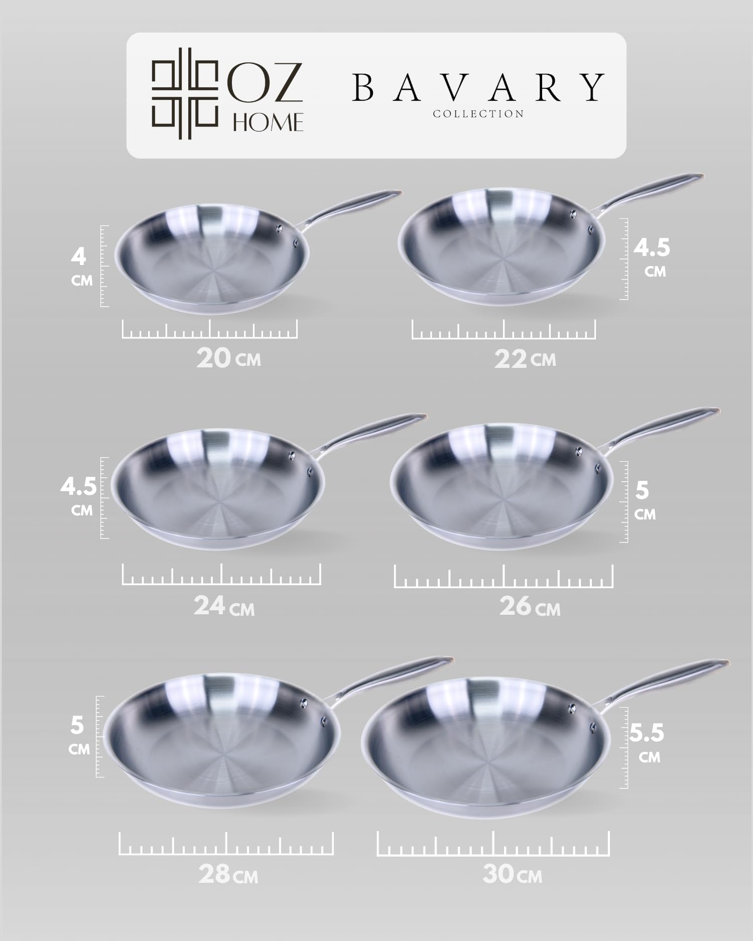 BAVARY Set Padelle Induzione (20-22-24-26-28-30 Cm) - Padella Acciaio Inox 18/10 Senza Rivestimento - Padella Induzione Professionale Per Gas E Piano Induzione - Ideale Con Pentole, Lavastoviglie OK