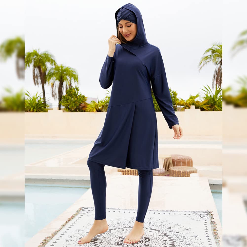 Odizli Burkini Damen Muslim Langarm Lang Badeshirt+Badehose+Badekappe 3tlg Badeanzug Ganzkörper Bademode