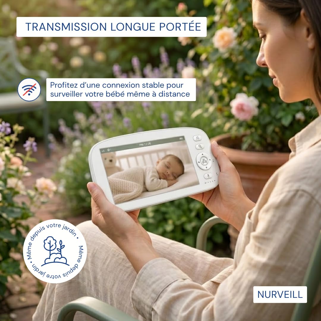 Babyphone Camera 360° Sans WIFI 5 Pouces HD Vision Nocturne Bruits blancs et Berceuses intégrées Détection VOX Audio Bidirectionnel Camera bebe Surveillance longue portée Moniteur Bébé Vidéo.