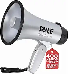 Bullhorn portátil para alto-falante Megafone – Compacto e operado com bateria de 20 watts, microfone, 2 modos, som PA e alça dobrável para líder de torcida e uso policial – Pyle PMP23SL (prata)