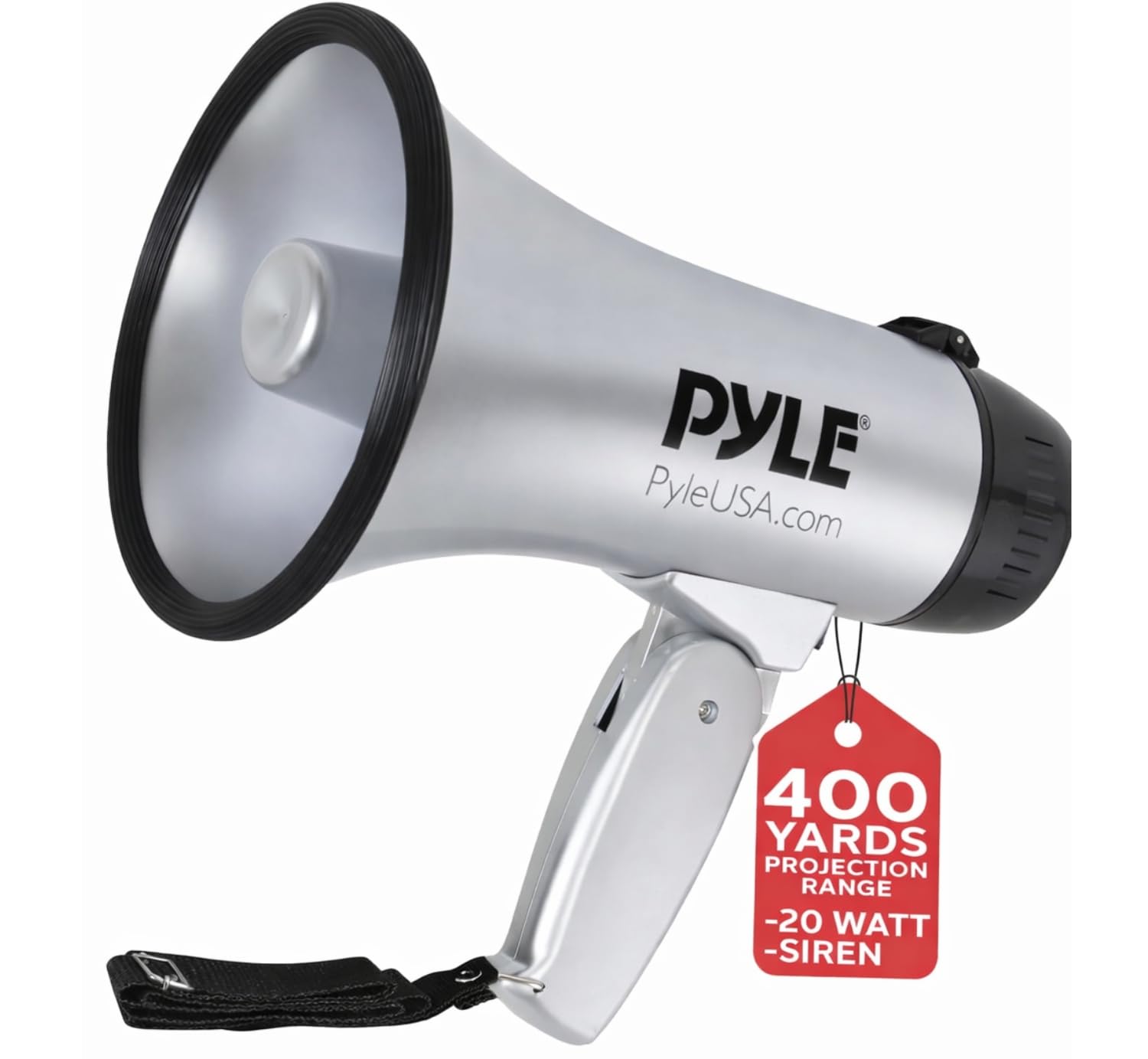 PYLE-PRO Portable Megaphone Speaker Siren Bullhorn - Compact and Battery Operated with 20 Watt Power, Microphone, 2 Modes, PA Sound and Foldable Handle for Cheerleading & Police Use-PMP23SL (Silver)