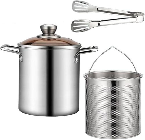 パスタ鍋 揚げ物 鍋 パスタ 深型 揚げ鍋 パスタポット 3L 小さい ステンレス ih対応 ガラス鍋蓋 オール熱源対応 煮物 湯切り 野菜茹で用カゴ・パスタメジャー付 天ぷら鍋 煮込み料理 スープ用 (両手鍋) (シングル鍋+フライヤー+ クリップ)