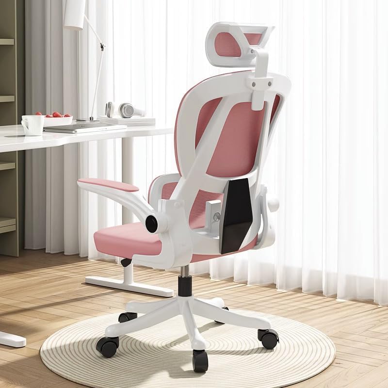 Office Chair with Mesh, Ergonomic High Back Gaming Chair with Wheels and Adjustable Headrest, Comfortable Folding Arms for Home, Bedroom, Study (Pink)