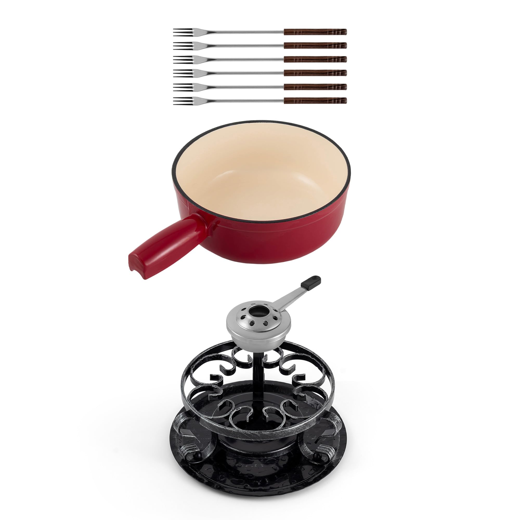 Swissmar KF-66517 Lugano 2-Quart Cast Iron Cheese Fondue Set, 9-Piece, Cherry Red