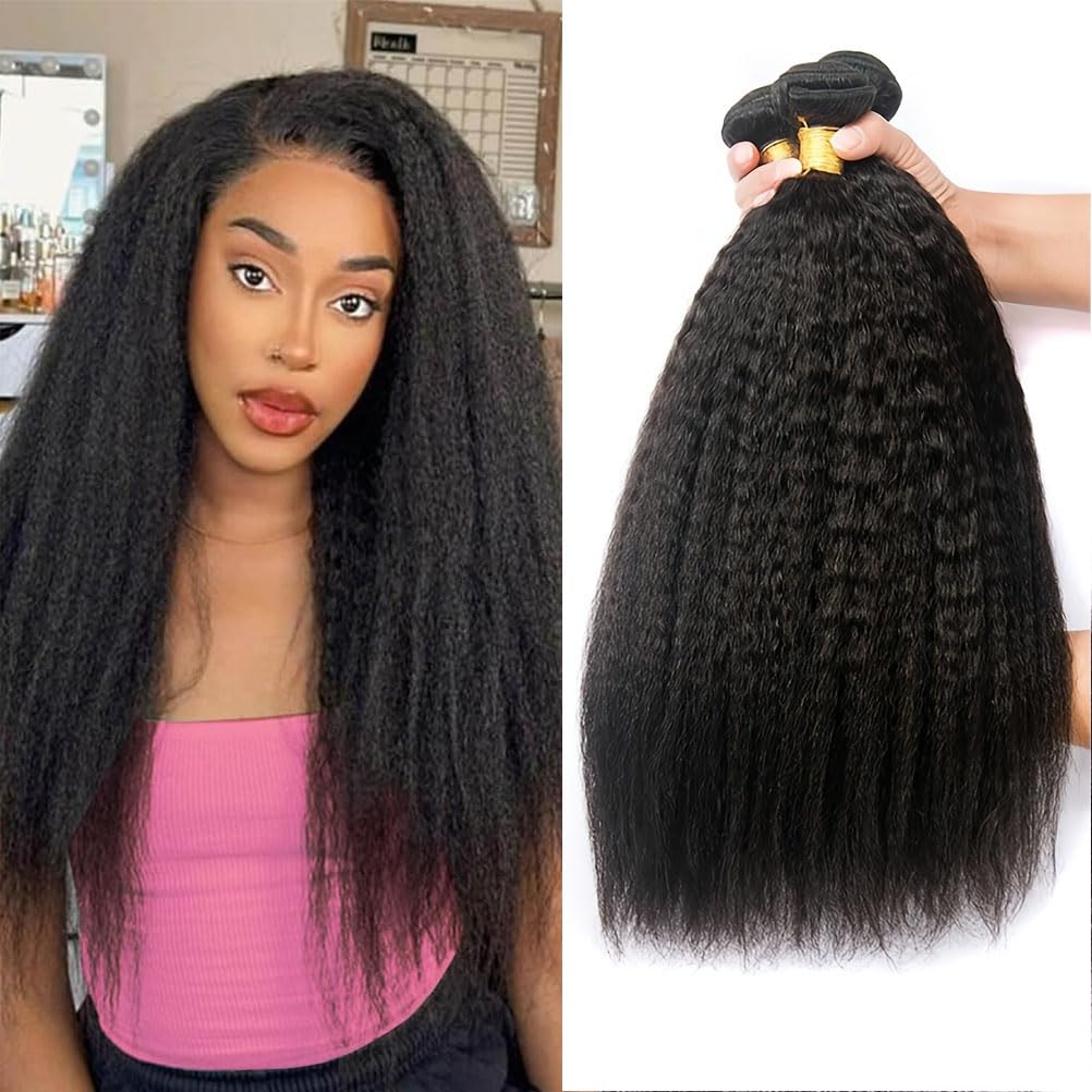 Yaki Straight Bundles Human Hair Bundles 10 12 14 Inch Kinky Straight Hair Bundles 100% Unprocessed Brazilian Virgin Remy Human Hair Bundles for Black Women Natural Black Color