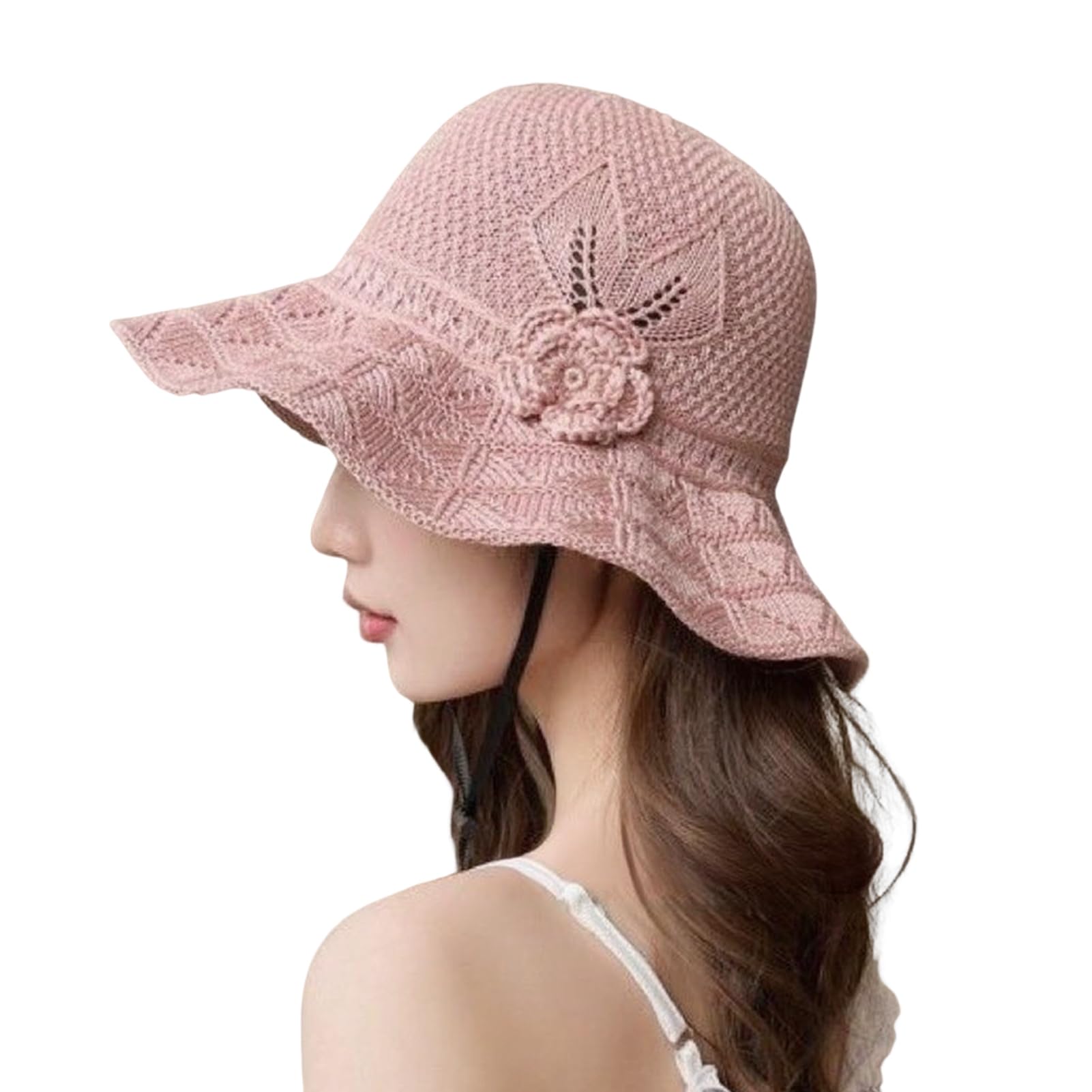 matumou Fisherman Hat with Flower Detail, Wide Brim Glitter Bucket Hat, Knit Design Adjustable Drawstring Knit Hat, Lightweight Hat for