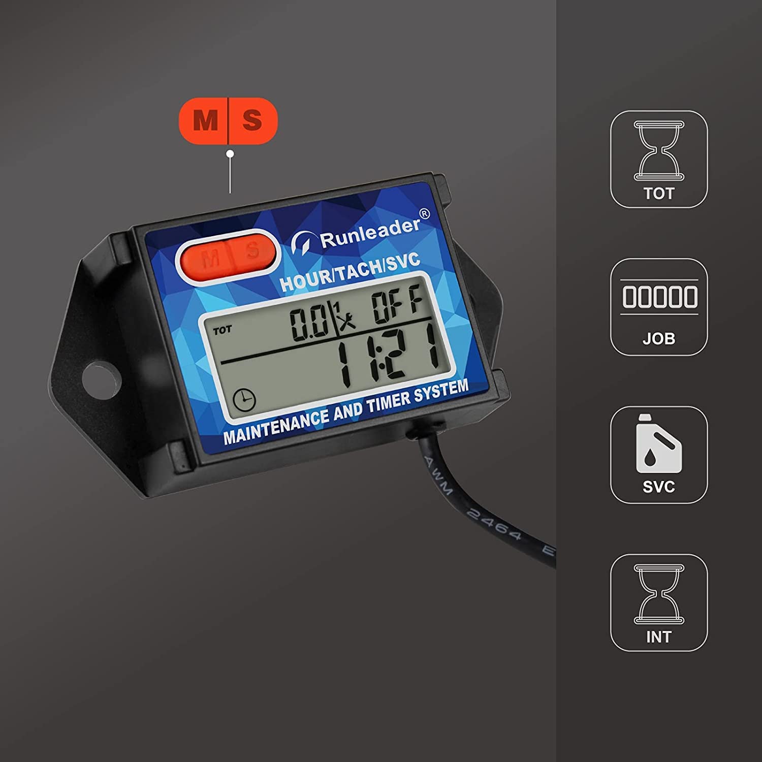 Runleader Digitaler Betriebsstundenzähler, Wartungserinnerung, austauschbarer Akku, funktioniert mit kleinem Gasmotor, Verwendung für Rasenmäher, Generator, Außenbordmotor, Dirtbike, Kettensäge
