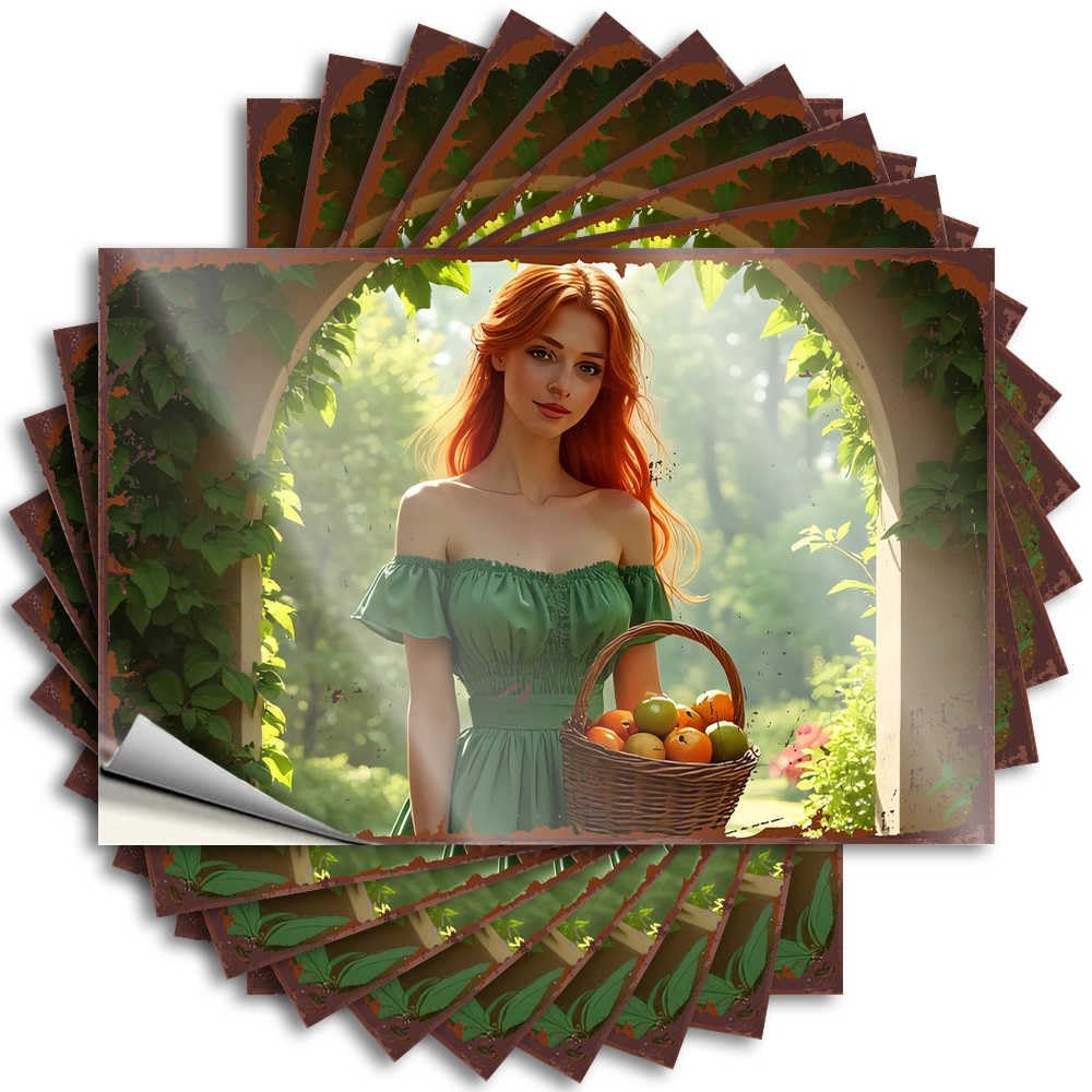Fzfn Colour Stuff For Bedroom Fluffy Decal - Redhead In Green Dress With Basket Of Fruit Removable Decal Bumper Easy Peel For Layered(6X9cm)