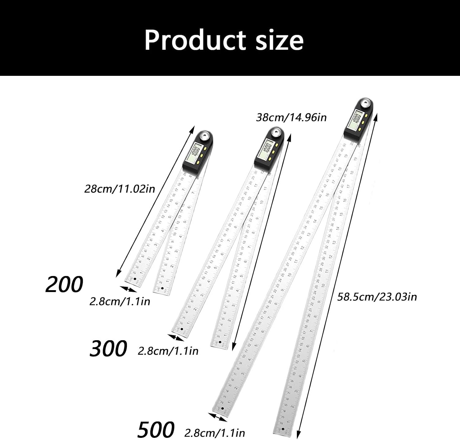 200/300 / 500mm Stainless Digital Protractor with Clear LCD Screen for 360 Degree Measurements in Construction Protractor