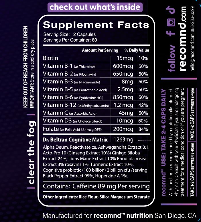 recomnd Nutrition - Clear Focus, Brain Supplements for Memory and Focus Support, Memory Supplements with Ashwaghanda, Lions Mane, Ginkgo Biloba, and More, 120 Capsules