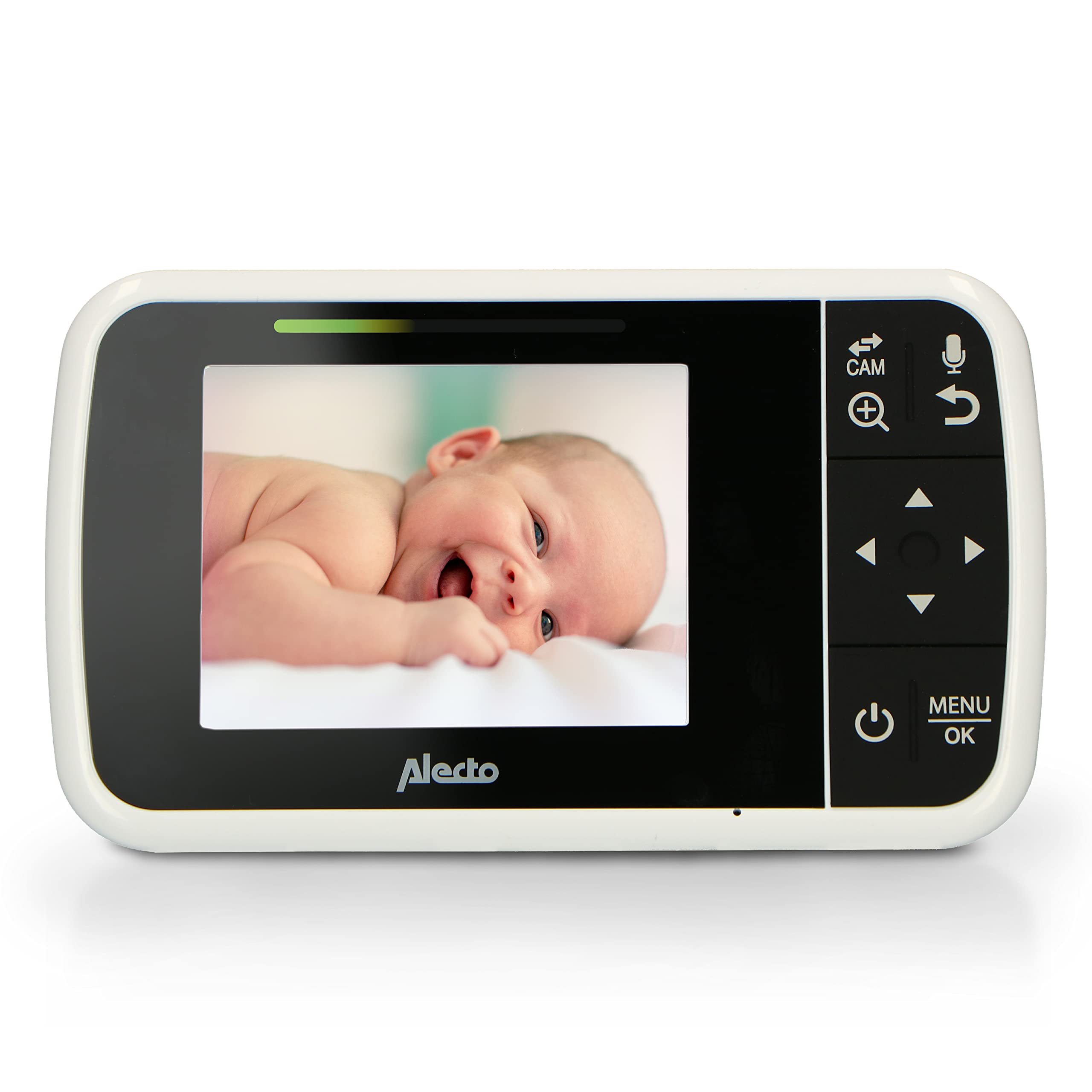 Alecto DVM135 - Baby monitor con telecamera, display a colori da 3,5", unità genitore mobile ricaricabile, funzione talk-back, 8 ninne nanne, bianco
