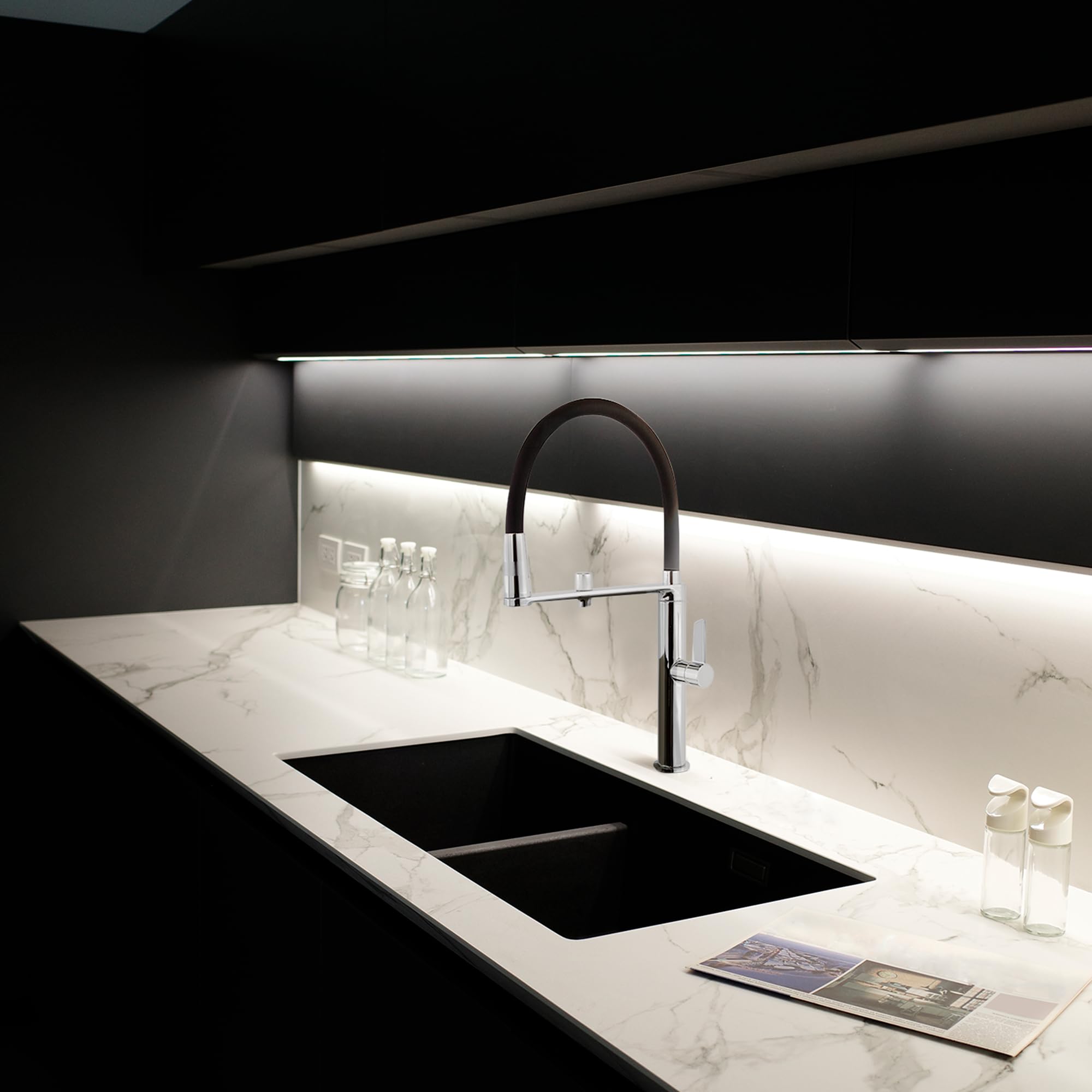 Ramon Soler Grifo Fregadero Cocina Profesional Monomando Cromado con Circuito de Agua Purificada Flexible de Silicona Negro