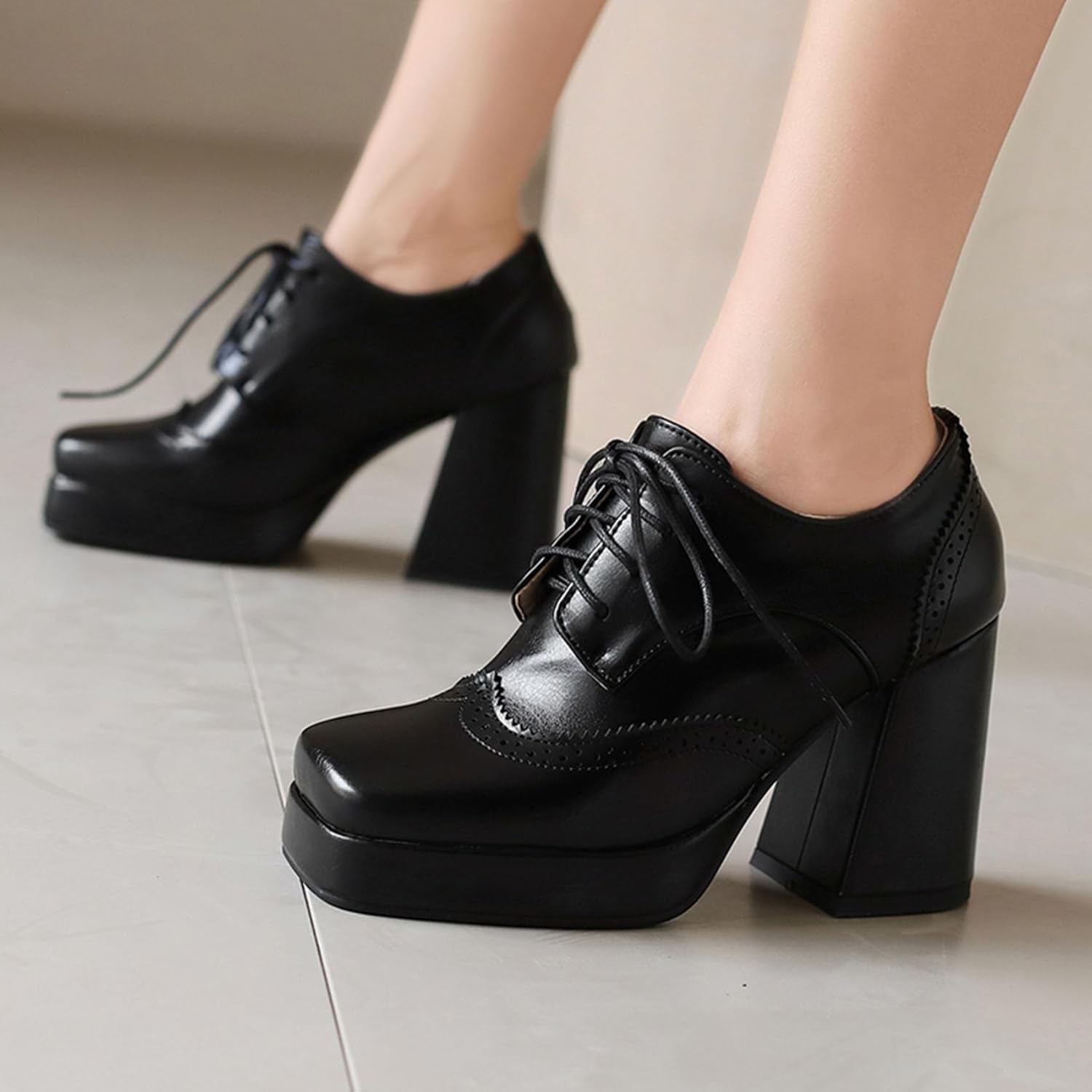 SHEMEE Multi-Colored Oxford Heels for Women Square Toe Chunky High Heels Platform Pumps Lace Up Derby Shoe Leisure Perforated Brogues Work Office Dress Shoes - Image 2