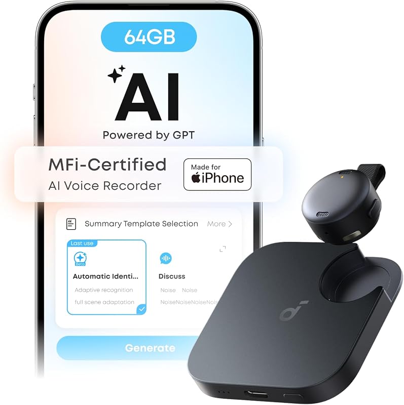 Work by Anker, grabadora de voz con IA del tamaño de una moneda, 64 GB, certificación MFi | Más de 150 idiomas, portátil, carga USB-C, grabación de 32 h, Buscar, transcripción y resumen mediante IA