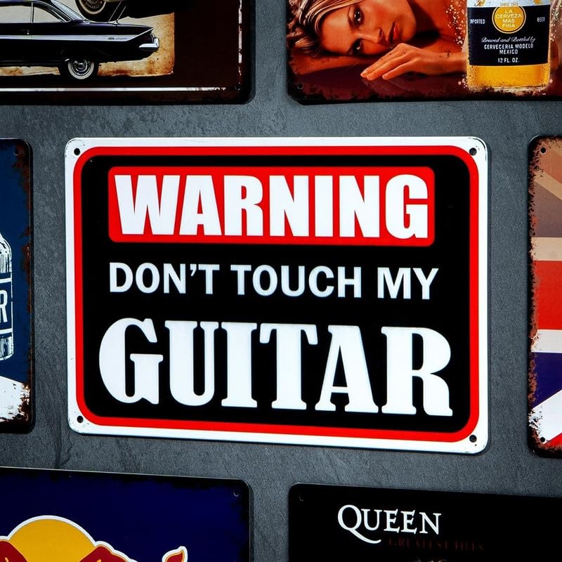 Image of Eazywagon Decorative Retro Metal Signs Wall Plate - 12x8 Inch (Warning Don't Touch My Guitar) | Weatherproof Vintage Metal Sign Plate for Cafe, Home, Bar, Garage | Decorative Wall Hanging Sign Board