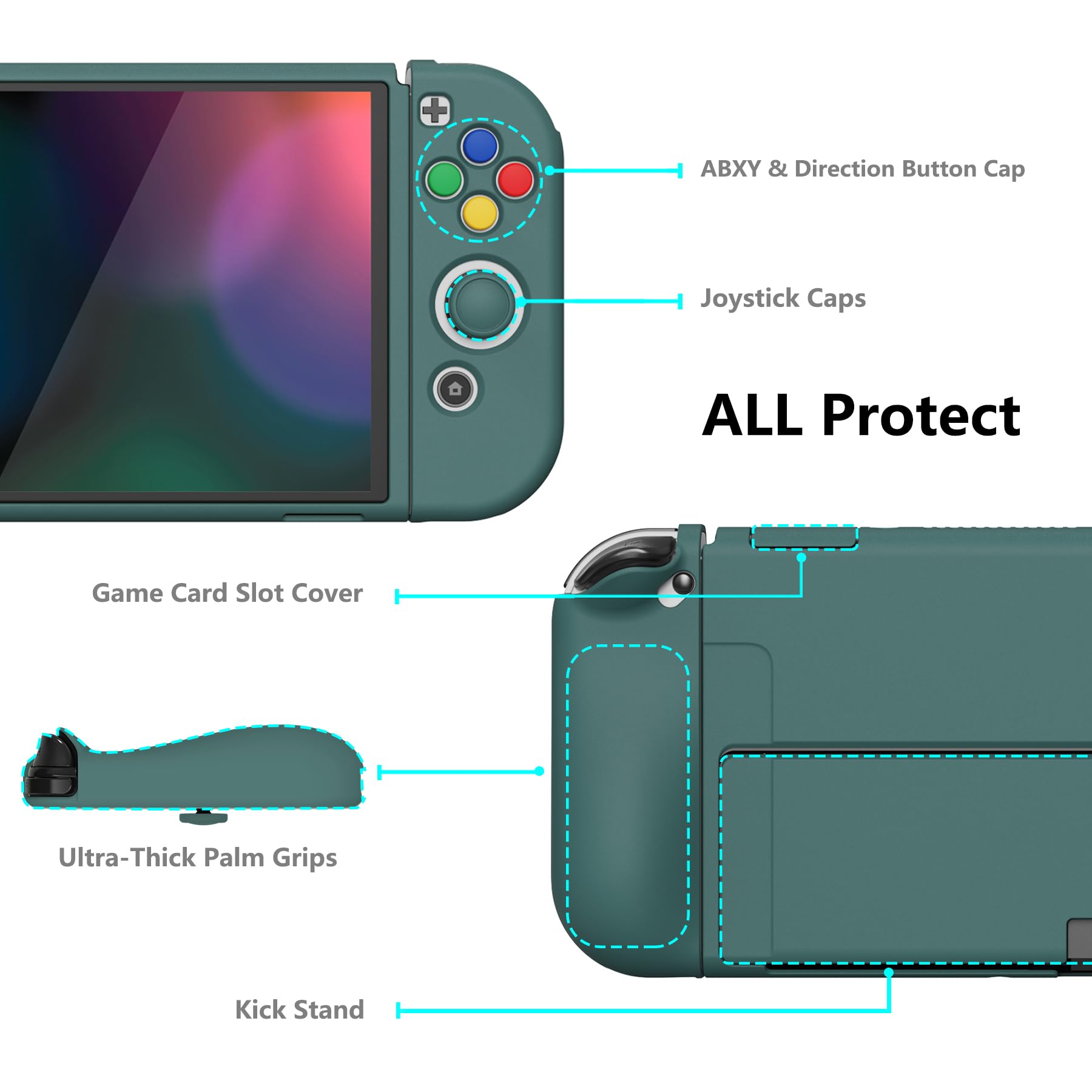 PlayVital ZealProtect Soft Protective Case for Nintendo Switch OLED, Flexible Protector Joycon Grip Cover for Nintendo Switch OLED with Thumb Grip Caps & ABXY Direction Button Caps - Hunter Green — view 5