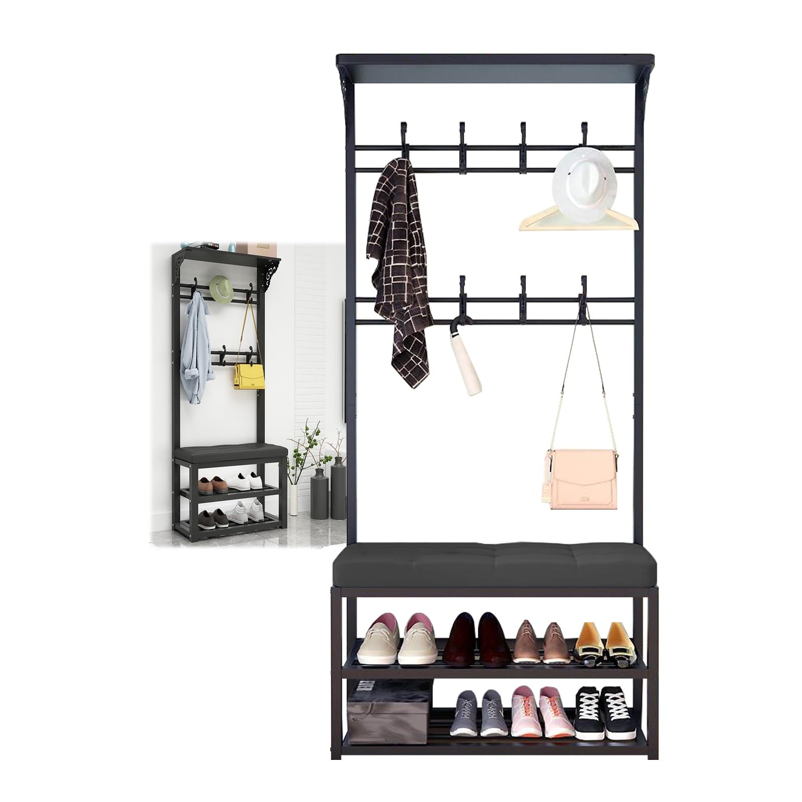FGXHHS Industrial Rustic Coat Rack with Shoe Sto, 2-Tier Entryway nizer, Black 100x30x172cm, and Stand for Hallway &
