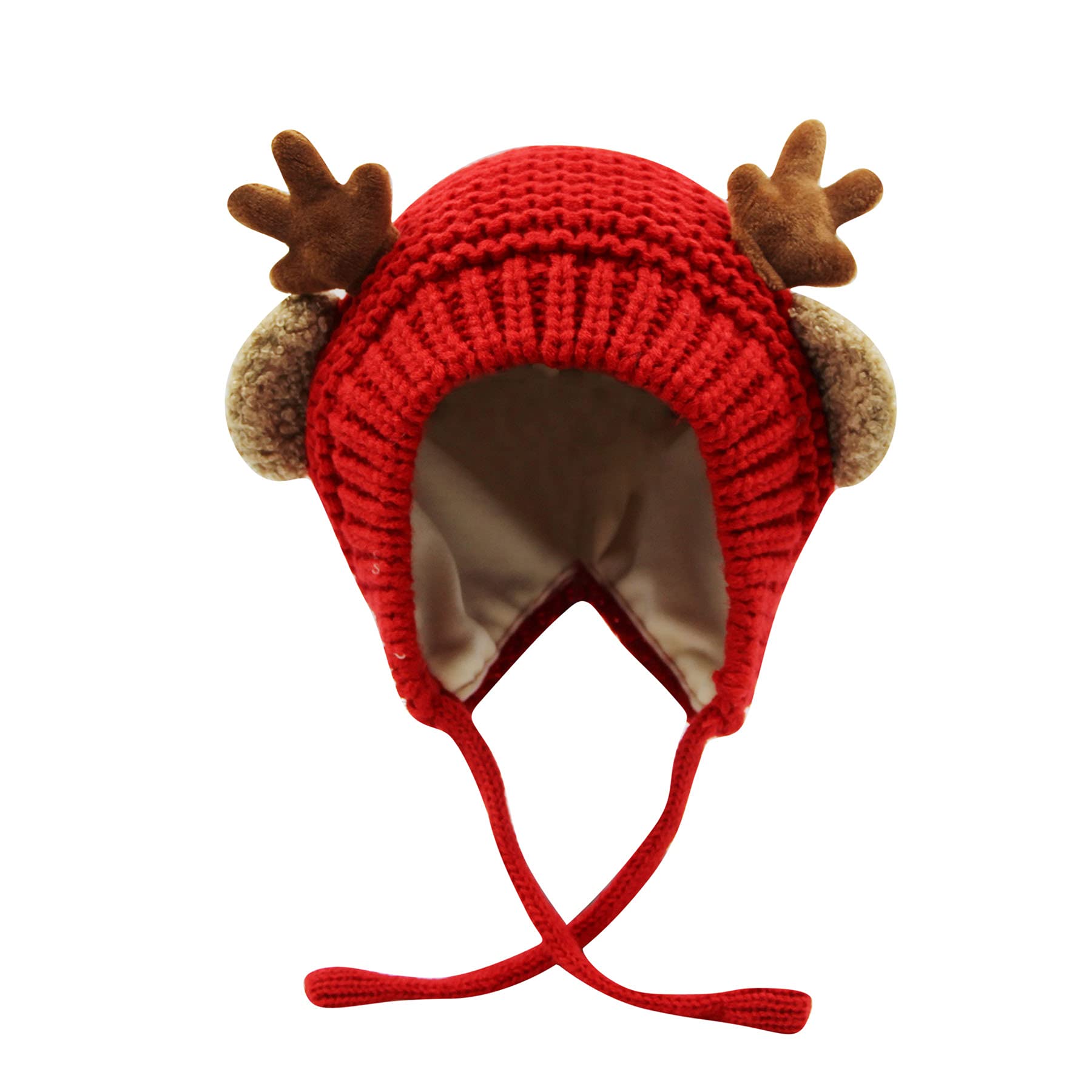 AIBEARTY Cute Deer Elk Antlers Baby Hat Winter Warm Plush Knitted Ear Warmer Bonnet Boys Girls Cap Beanie with Chin Strap Red