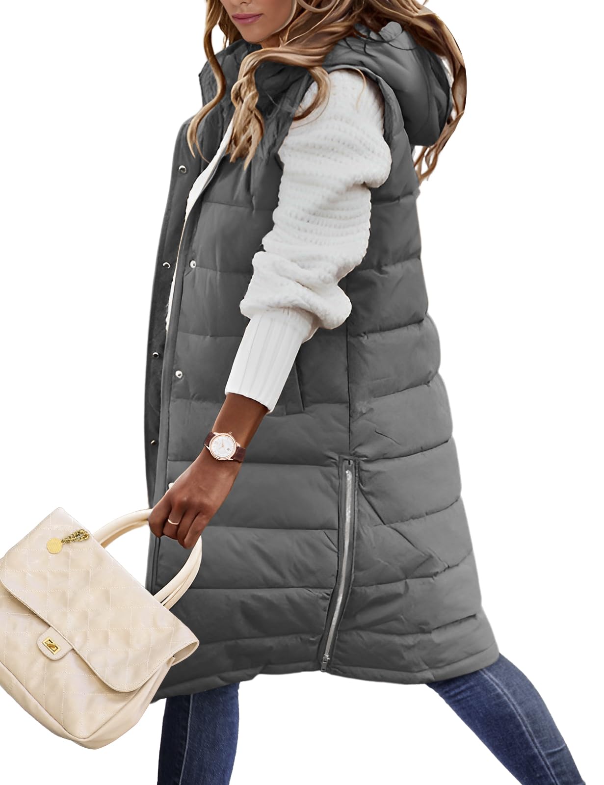 Yuson Girl Chaleco Mujer Chalecos Acolchados Medio Largo Chaquetas sin Mangas Casual Chaleco Grueso Invierno Abrigo Outwear con Capucha Largos Calentador de Cuerpo con Bolsillos