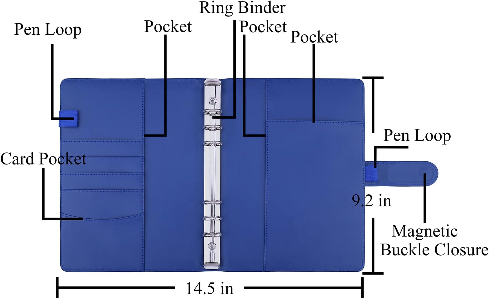 Antner A5 Notebook Photocard Binder 6 Ring Planner Binder for A5 Refill Paper, PU Leather Refillable A5 Budget Binder Loose Leaf Organizer Binder Cover with Magnetic Buckle for Budgeting, Navy Blue