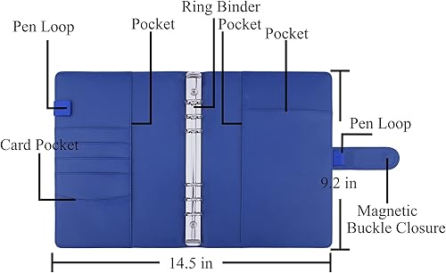 Vista 63 de Antner Carpeta A5 de piel sintética de 6 anillas, para papel de relleno A5, planificador personal A5, carpeta de presupuesto recargable con cierre