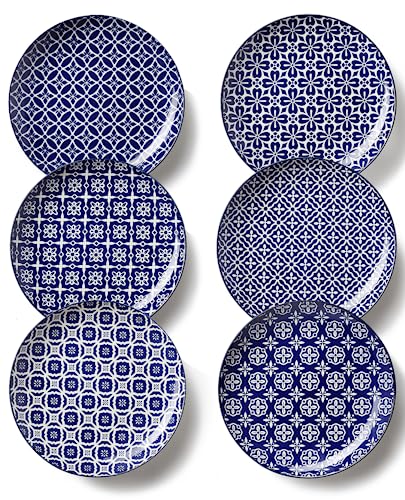Image of Metahom Salad Plates, Blue and White Dessert Plates, 8 Inch Colorful Ceramic Dish Set for Pasta, Set of 6, Dishwasher & Microwave Safe