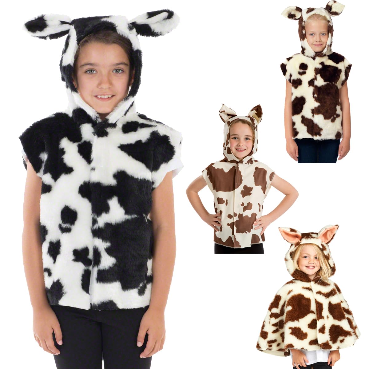 Cow Costume for Kids | One size 3-8 yrs | Black & White Fur, Brown & White Fur or Brown & White Suede.