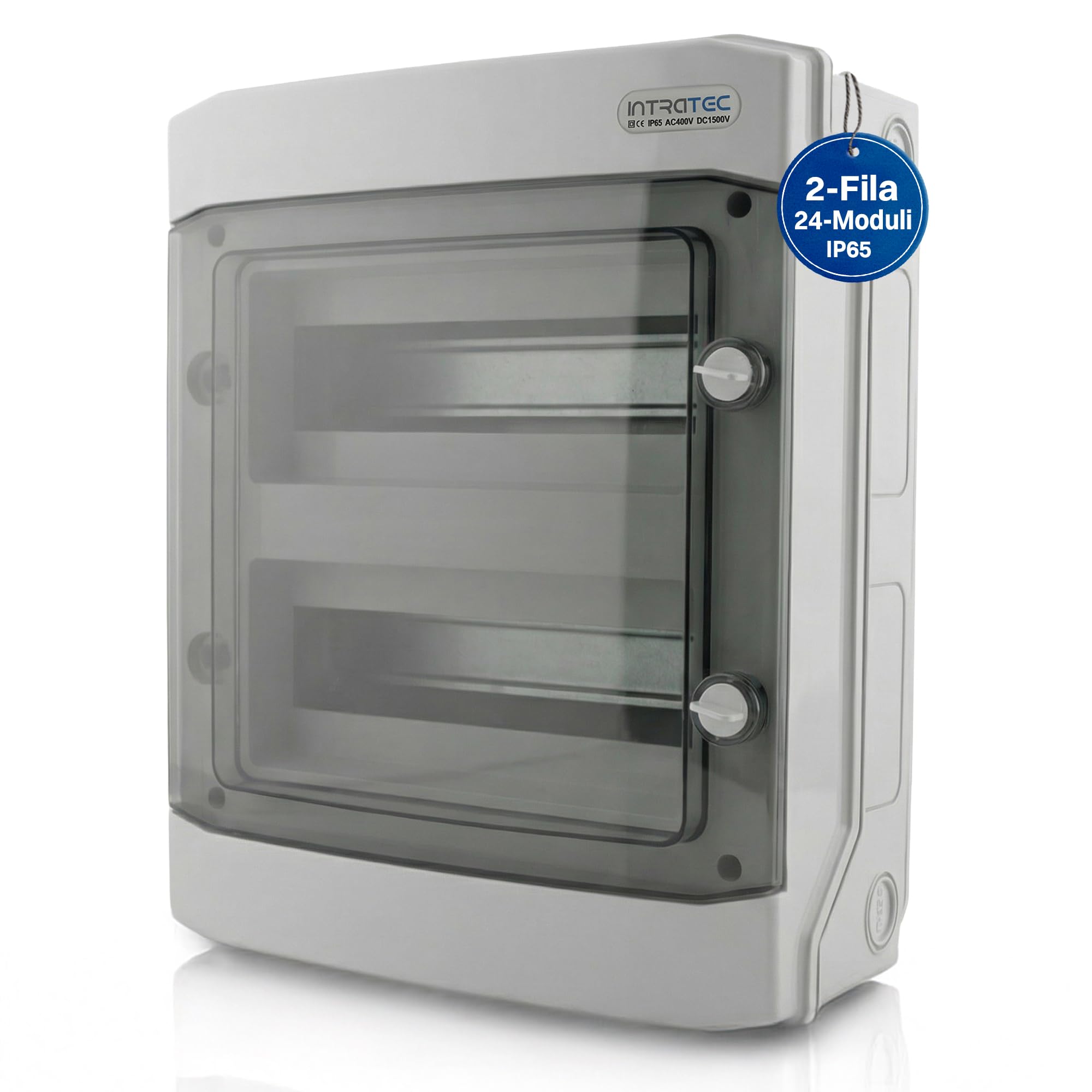 Intratec Centralino da Parete 2 Fila IP65 – Quadro Elettrico per 24 Moduli DIN – Cassetta di Sottodistribuzione Stagna per Esterni Garage Cantina Giardino – 400VAC 1500VDC, 318 x 384 x 144 mm