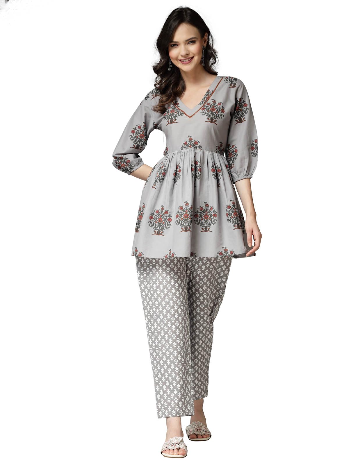 Stylum Women's Floral Printed Cotton Co-Ord Set (Csgreyavika44_Grey, Xxl)