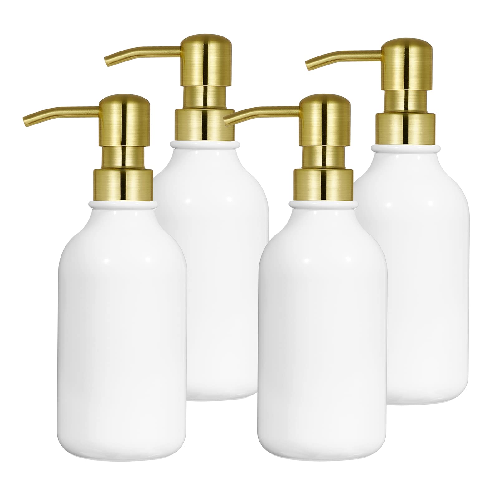 4 Set Kitchen Dish Hand Soap Dispenser Bathroom, Stainless Steel Dispenser, Refillable Shampoo and Conditioner Dispenser Bottles Set (Gold Pump + Clear Bottle)