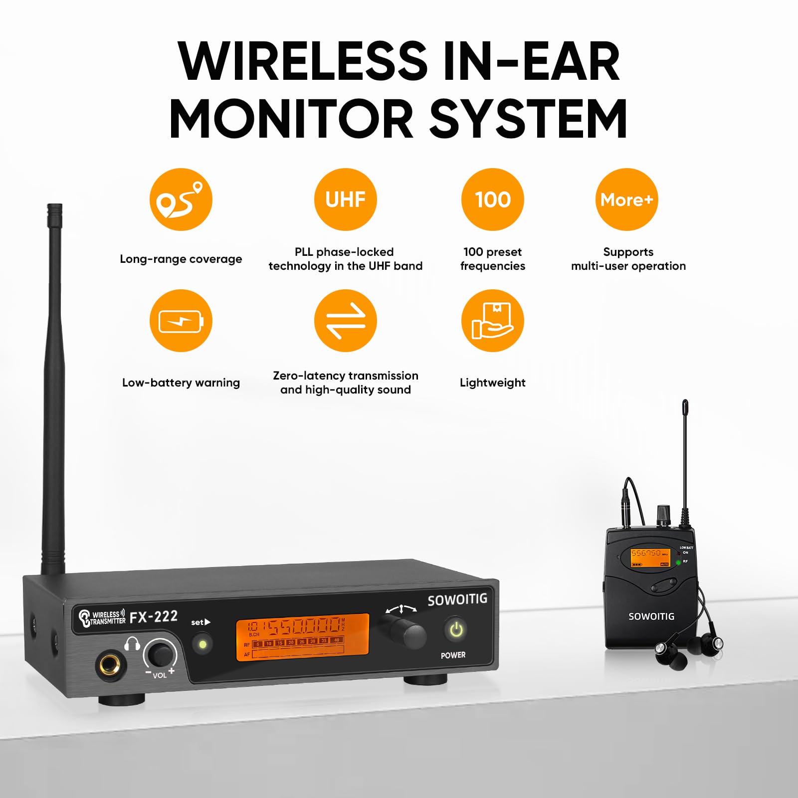 Sistema di monitoraggio wireless in-ear, monitor in-ear con 1 Bodypack, sistema IEM wireless UHF per musicisti, palco, band e studio