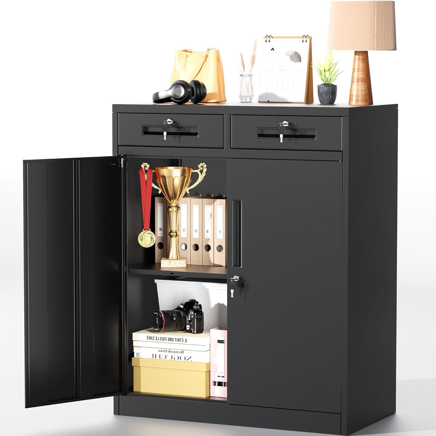 Greenvelly Metal Storage Cabinet with Drawers, 36" Black Lockable Steel Garage Storage Cabinet with Doors and Adjustable Shelves, Locking Metal Cabinets for Home Office, School, Garage
