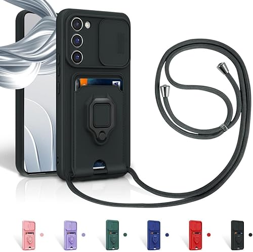 Gypsophilaa Coque pour Samsung Galaxy S24 5G avec Cordon de Collier,Coque Protection Caméra Slide Case TPU Bumper avec Anneau Rotatif à 360 degrés Silicone Coque avec Slot Card Holder Housse