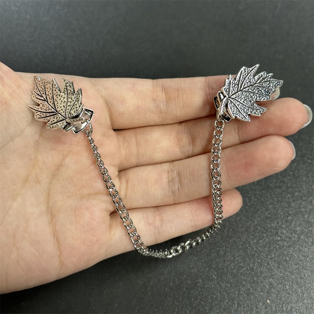 Silver Leaf Collar Clip Brooches Lapel Pin for Women Girls Vintage Retro Leaves Tassel Chain Dangle Drop Sweater Cardigan Breastpin Shawl Decoration Lightweight Dress Accessories Christmas Holiday