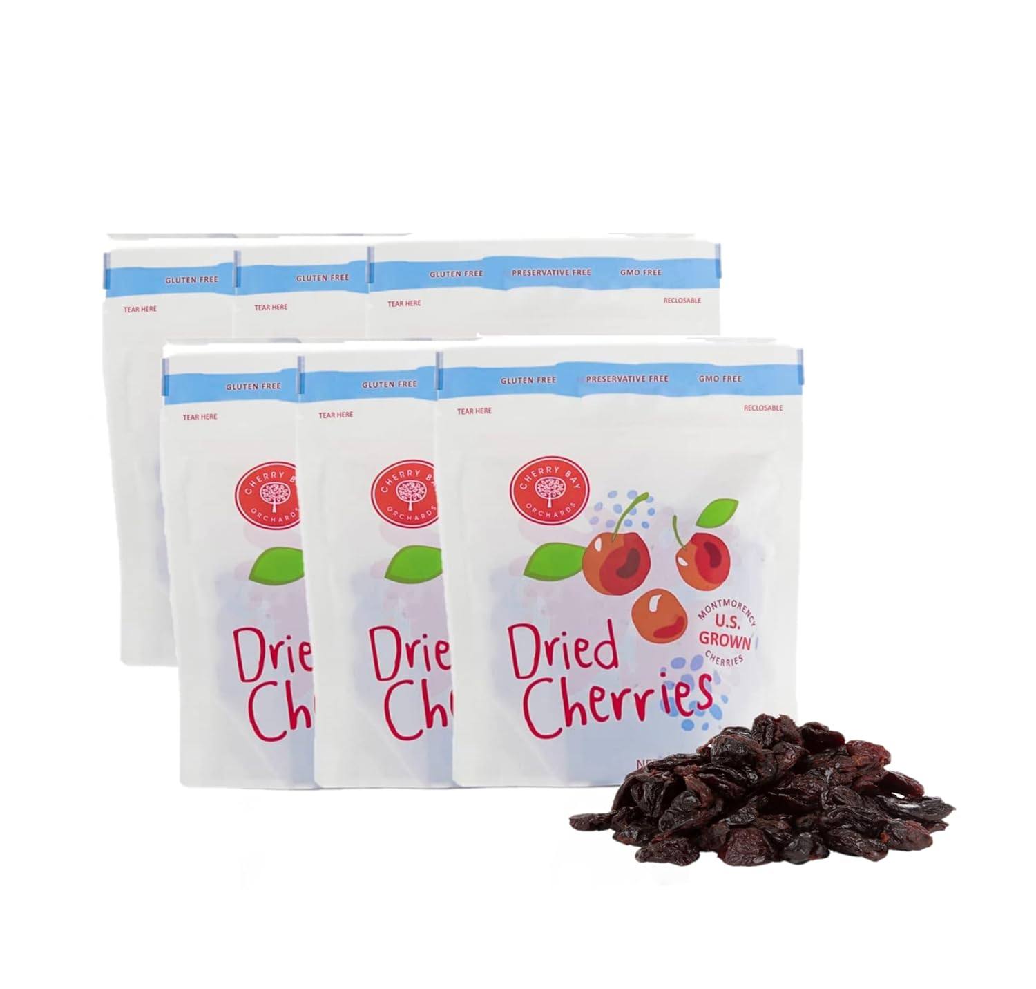 Cherry Bay Orchards - Dried Montmorency Tart Cherries - Pack of Six 6oz Bags (Total 36oz) - 100% Domestic, Natural, Kosher Certified, Gluten-Free, and GMO Free - Packed in a Resealable Pouch