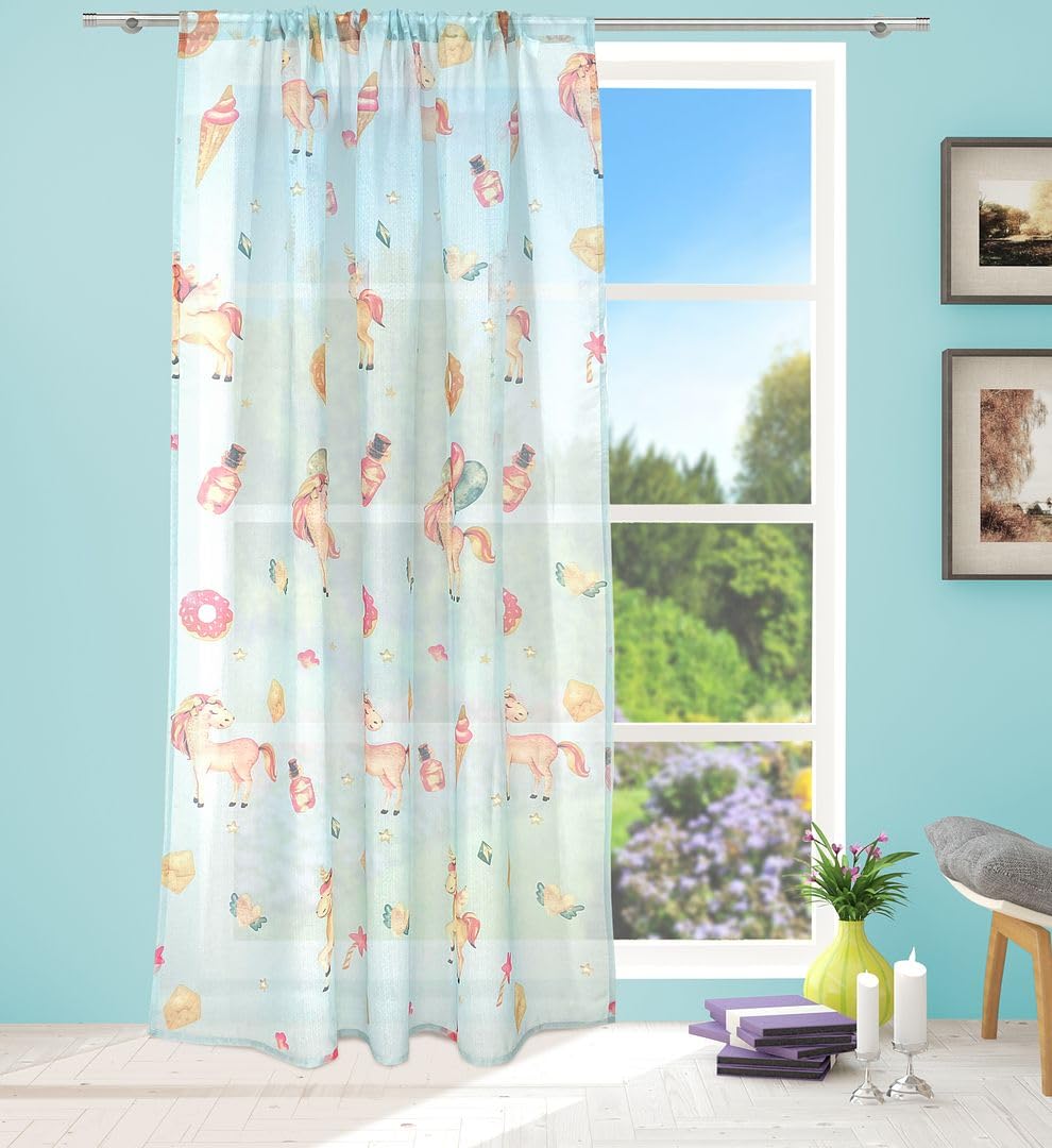 John Aird Unicorn Voile Slot Top Curtain Panel (Blue), 55" Wide x 54" Drop