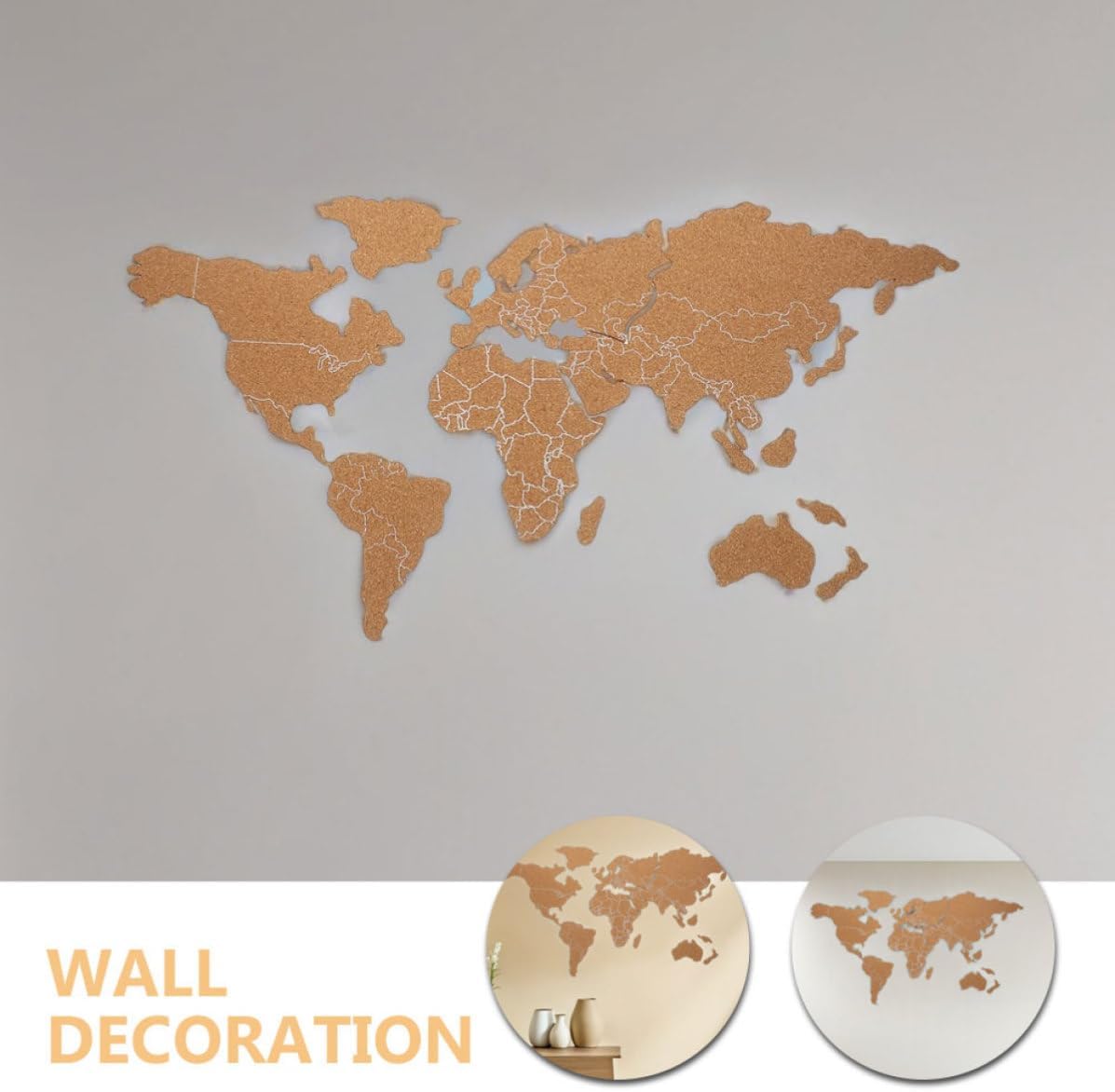 PATKAW Self Adhesive Cork Board World Map with Wooden Material and Push Pins, Unique Decorative Design, Can be Freely Spliced, for Office and Wall Decoration, Random Color