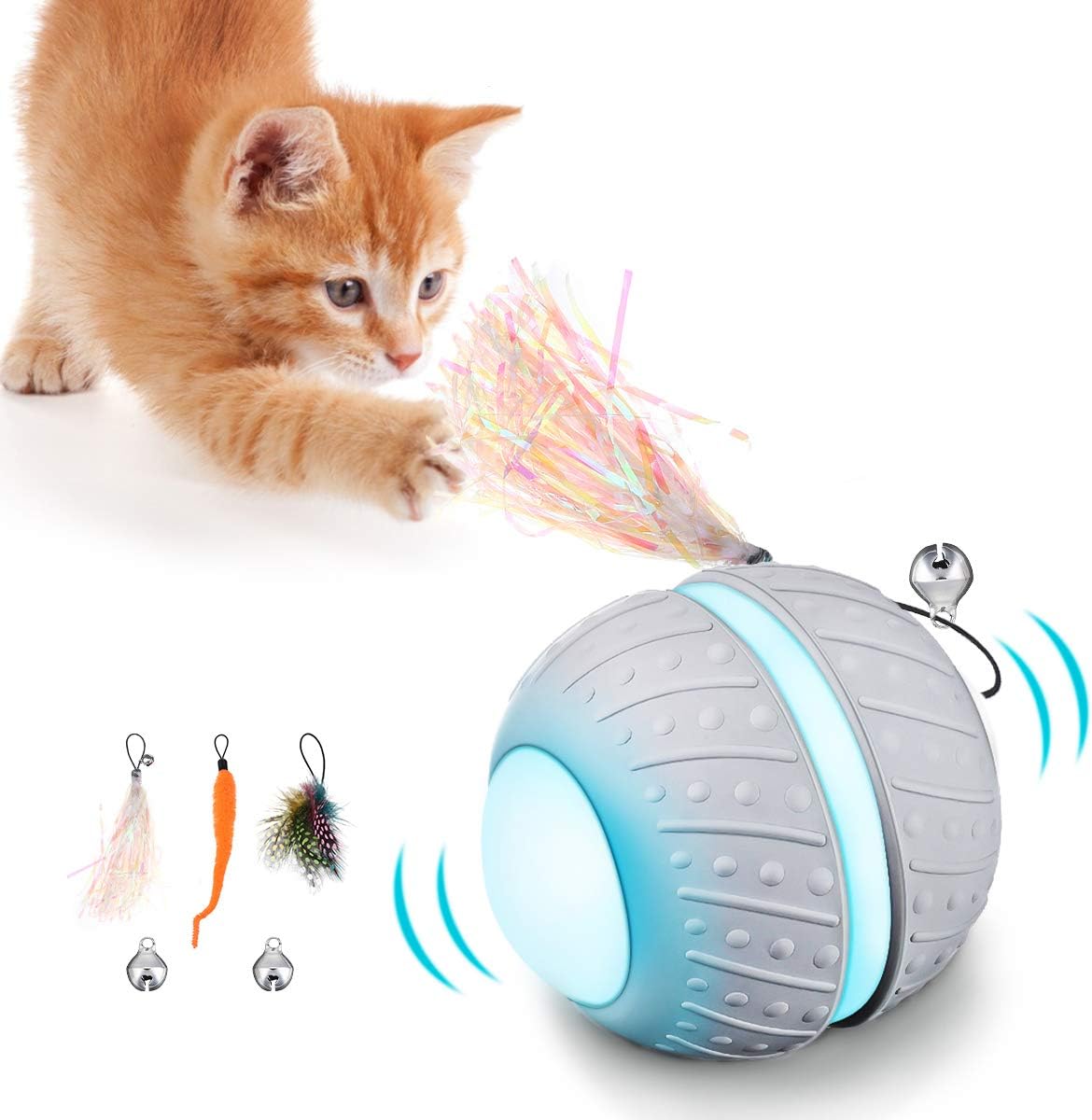 FOCUSPET Cat Interactive Toys for Indoor Cats, Cat Automatic Toy Feather Toys with 360°Self Rotating Ball Flashing LED Colorful Light…
