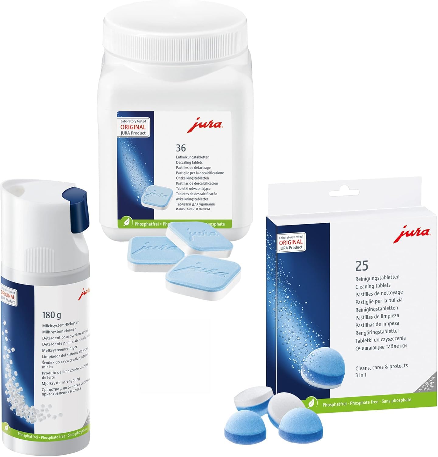 Jura Starter Pack, 25 pastillas de limpieza (3 fases) + 36 pastillas descalcificadoras + 180 g limpiador de sistema de leche