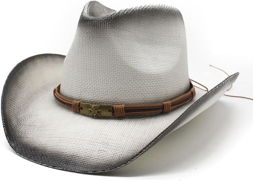 Western Cowboy Hat, Straw Material, Two-Tone Brown and White, Braided Band