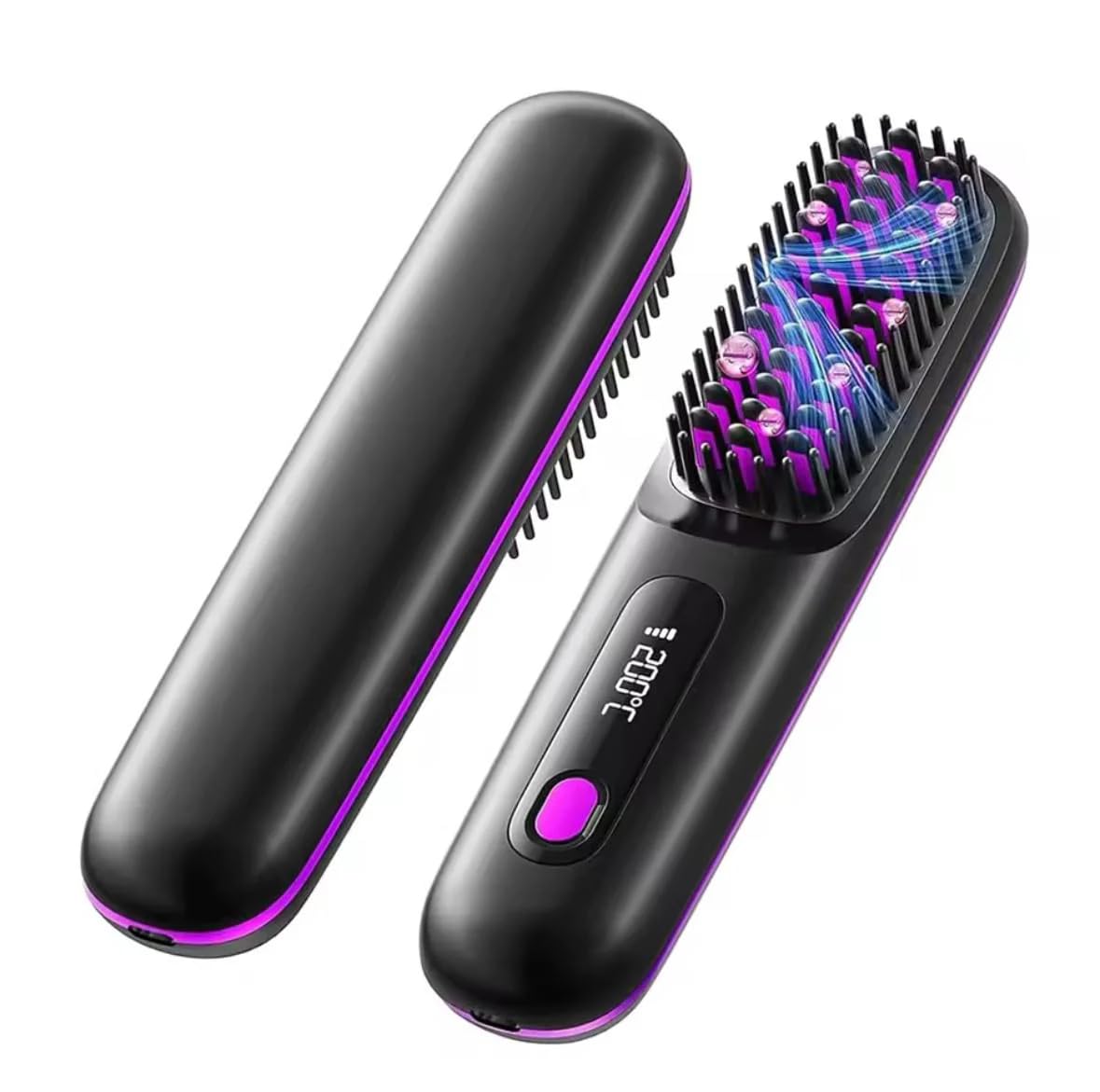 DemmyLab Spazzola Lisciante Piastra per Capelli Spazzola Lisciante in Ceramica con Display LCD, Senza Fili, 3 Temperature 160°C - 200°C per Capelli Lisci, Ricci e Mossi