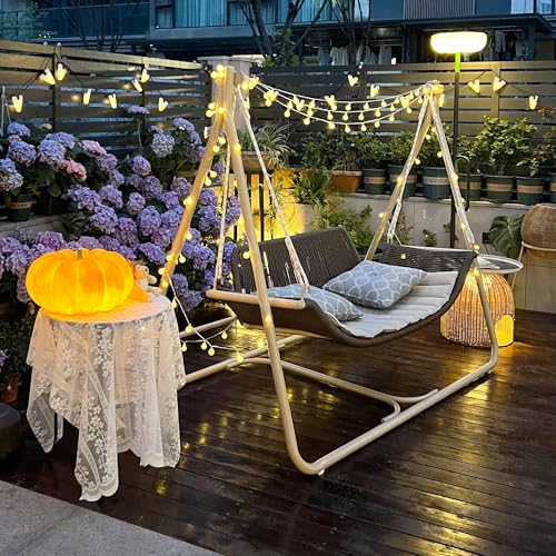 Image of PURPLE LEAF 2 Seat Porch Swing with 12 White LED Lights Outdoor Hand-Woven Rattan Hanging Cloud Swing Chair for Indoor Backyard Garden Patio Hammock Swinging, Cushion and Pillows Included