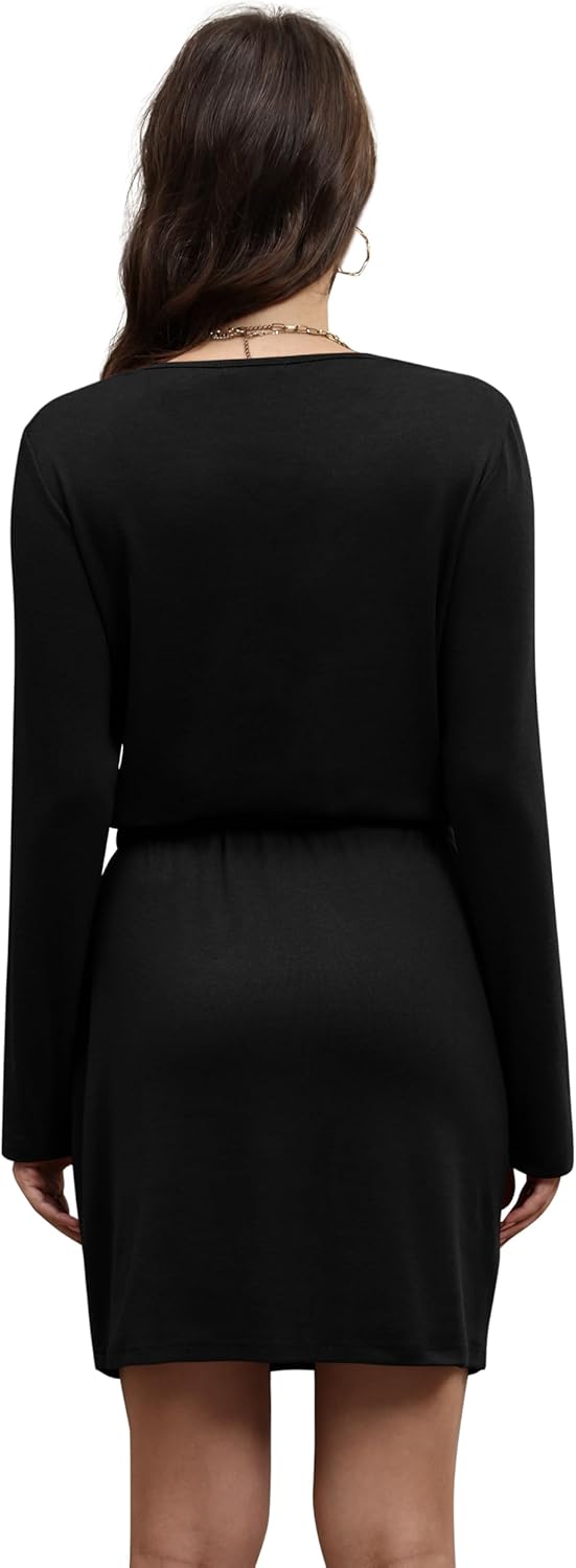 OFEEFAN Fall Dresses for Women 2025 Loose V Neck Long Sleeve T Shirts Casual Sundresses Tie Front A-Line Dresses - Image 5