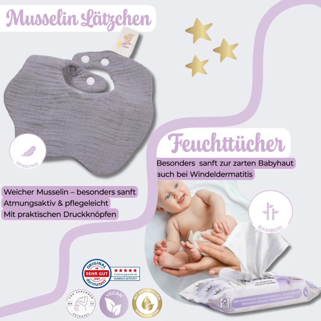 Millis Coffret cadeau bébé 8 pièces avec produits | Cartes de jalons, lingettes humides en bambou Millis & lingettes magiques Millis Bavoir Album de souvenirs, livre de contes de fées, sac à langer et