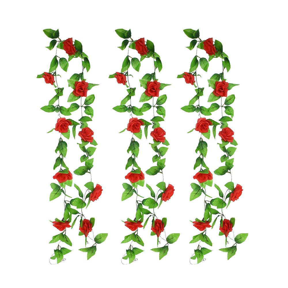 SKYPRO 3PCS Rose Vine Greenery Leaves Garland Artificial Flowers Plants for Hotel Wedding Home Party Garden Craft Art Decor (red) — image 1