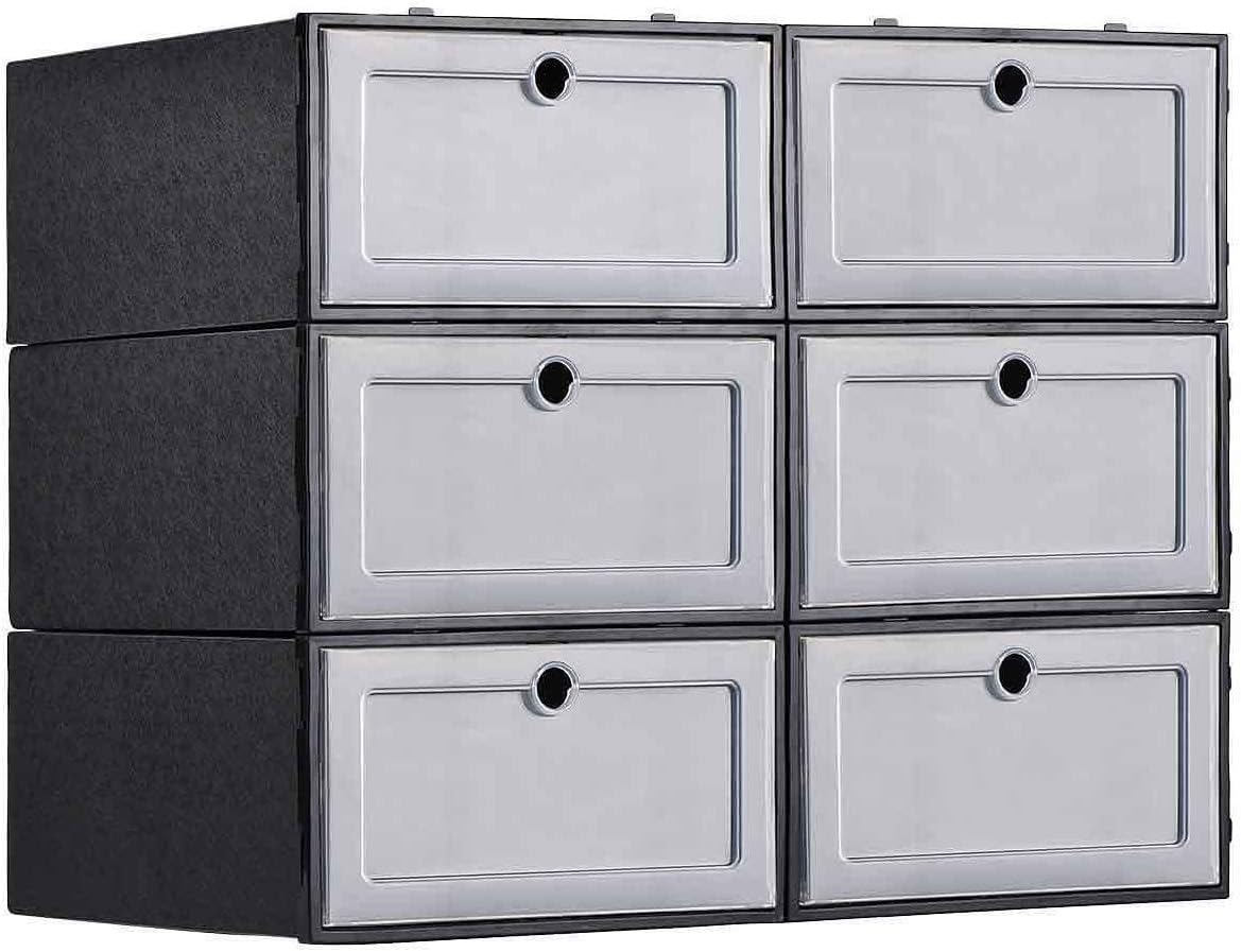 ZODDLE Foldable Stackable Black Shoe Storage Boxes - Assembleable Shoe Organizer Container 6 Pack, Need to be Assembled