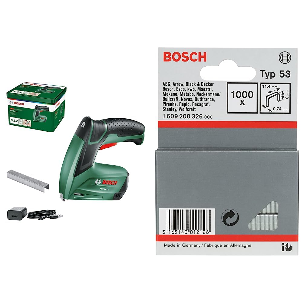 Bosch Akku Tacker PTK 3,6 LI (Integrierter Akku, 3,6 Volt, 30 Schläge/min, in Metalldose) & Professional 1609200326 1000 Tackerklammern 11,4/6 mm Typ