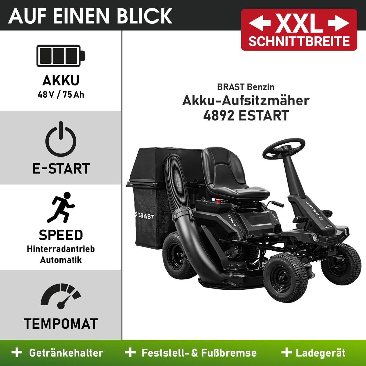 BRAST Akku Rasentraktor Aufsitzmäher | 48V - Elektroantrieb mit 75Ah Batterie | Elektrostart | XXL Schnittbreite 92cm | 4in1-Funktion | 150L Fangkorb | für große Rasenflächen 1.000-5.000 m²