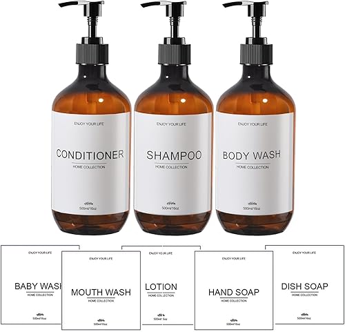 Dispensador de champú y acondicionador (16.9 onzas, juego de 3), dispensador de jabón de ducha, dispensador de champú con 8 etiquetas, botellas de