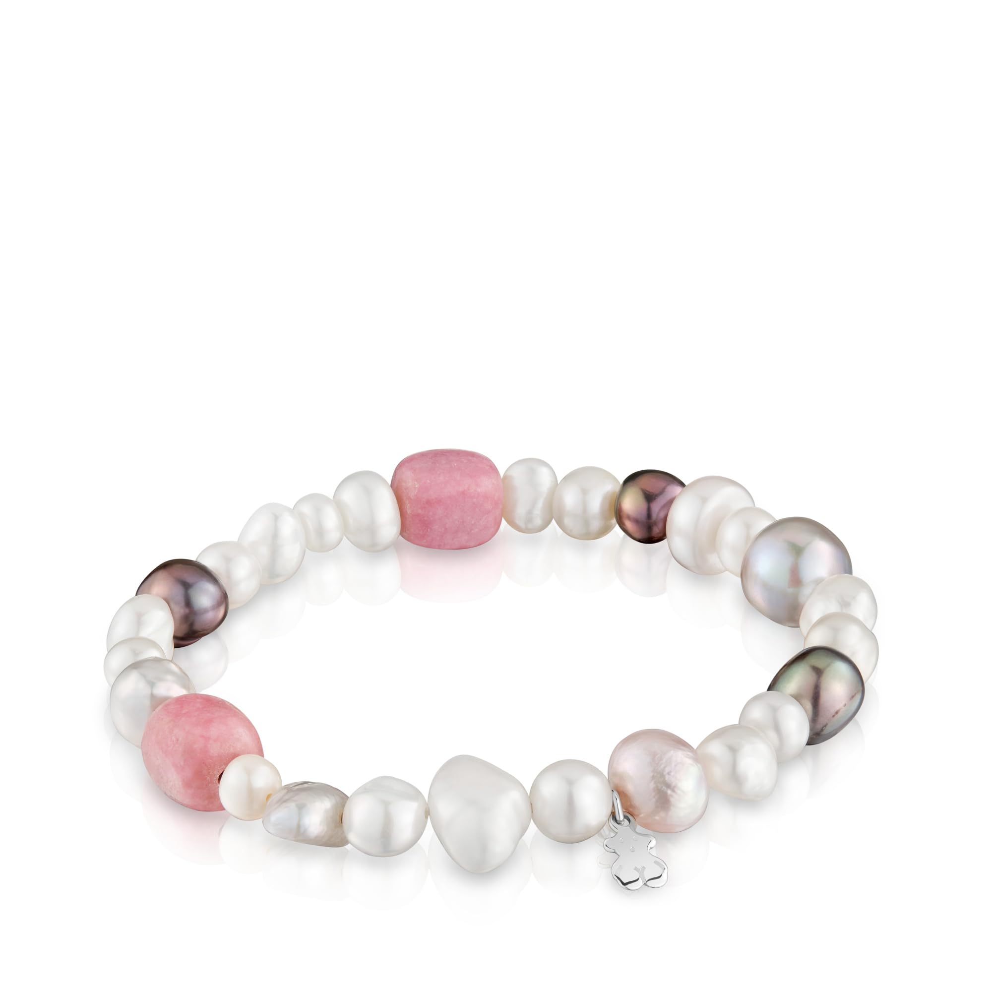 TOUS Pulsera Elástica de Perlas Cultivadas con Motivo de Oso en Plata de Primera Ley para Mujer, 16.5cm de Largo, Colección Basics